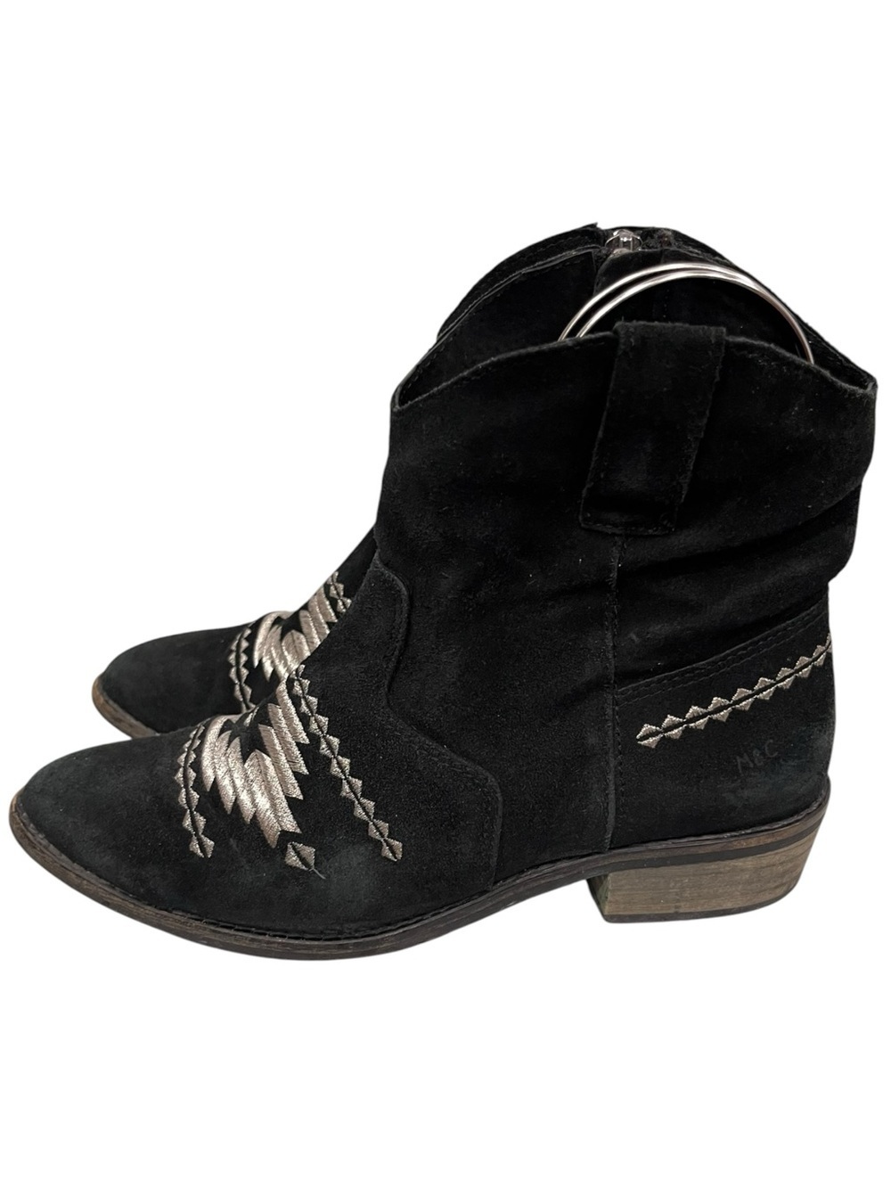 Musse & Cloud Ginger Black Suede Western Style Aztec-Stitch Ankle Booties 38 - Picture 4 of 10